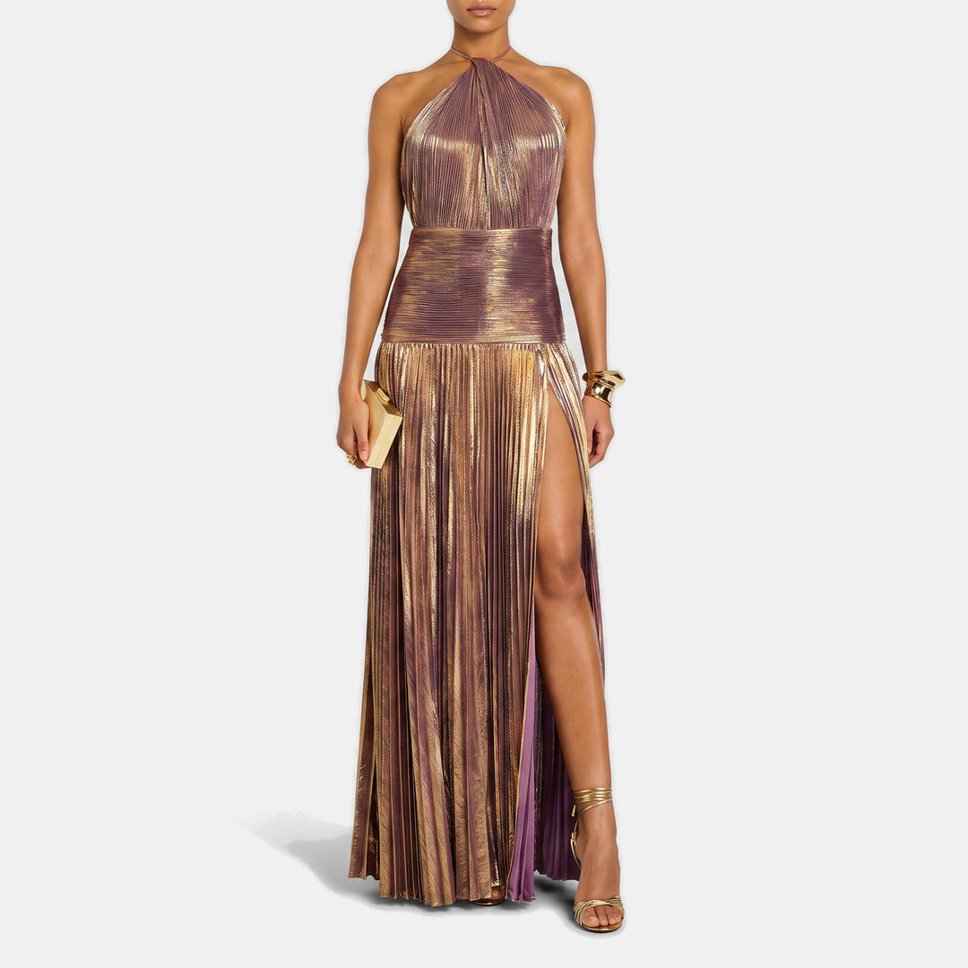 Women's A Line Halter Open Back Cocktail Dress, Metallic Pleated Slit Maxi