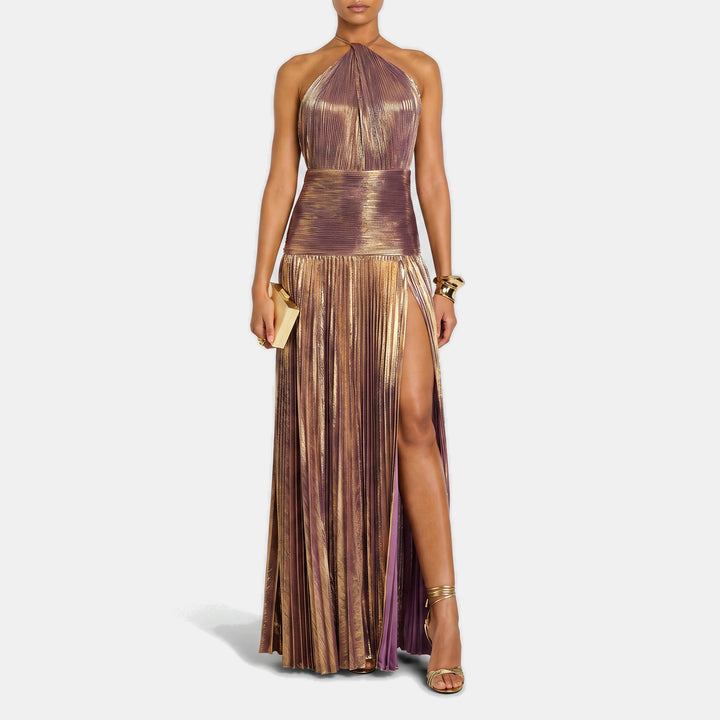 Women's A Line Halter Open Back Cocktail Dress, Metallic Pleated Slit Maxi
