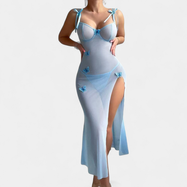 Women's Corset Floral Midi Cocktail Dress, Butterfly Mesh High Slit