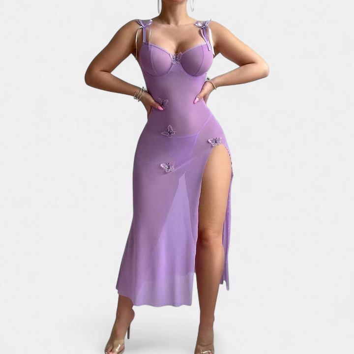 Women's Corset Floral Midi Cocktail Dress, Butterfly Mesh High Slit