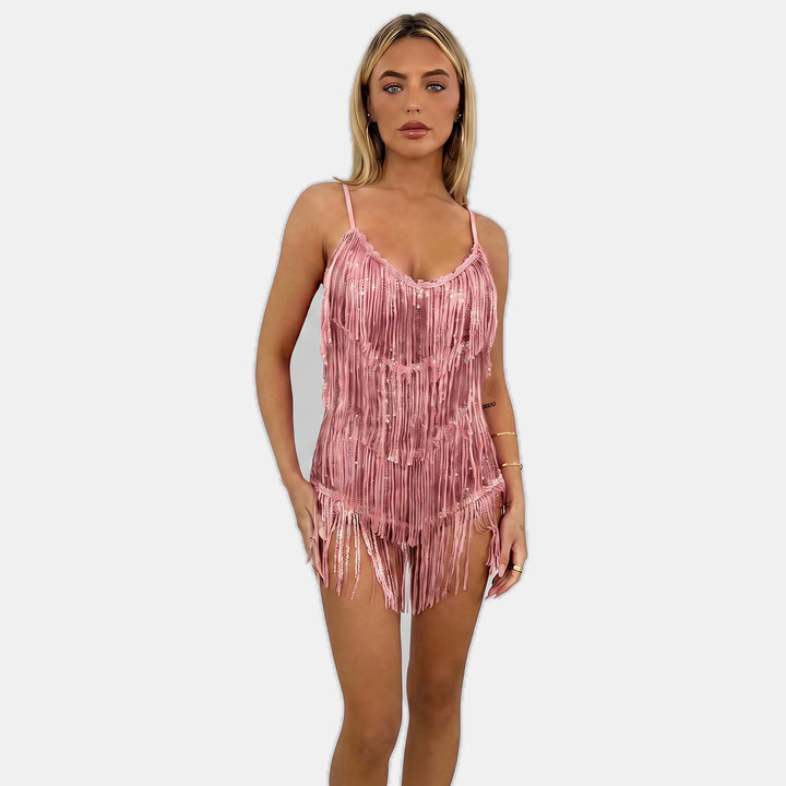 Women's Short Halter Cocktail Dress, Sequin Fringe Mini