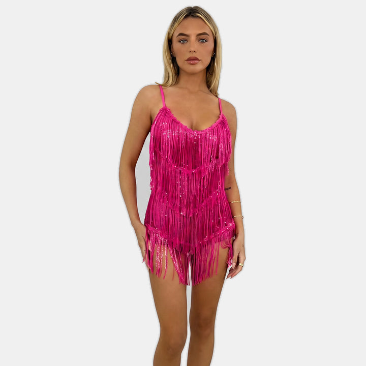 Women's Short Halter Cocktail Dress, Sequin Fringe Mini