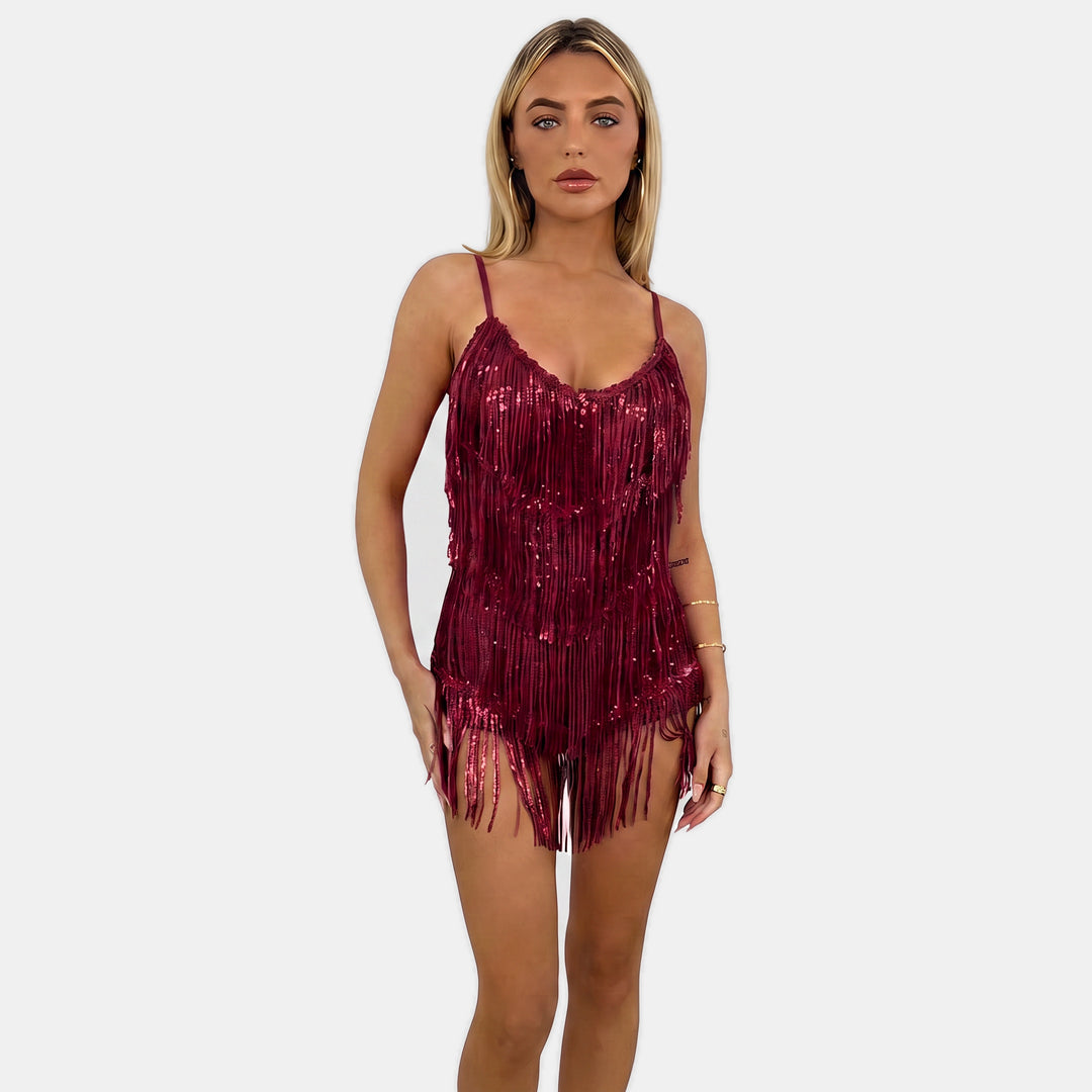 Women's Short Halter Cocktail Dress, Sequin Fringe Mini