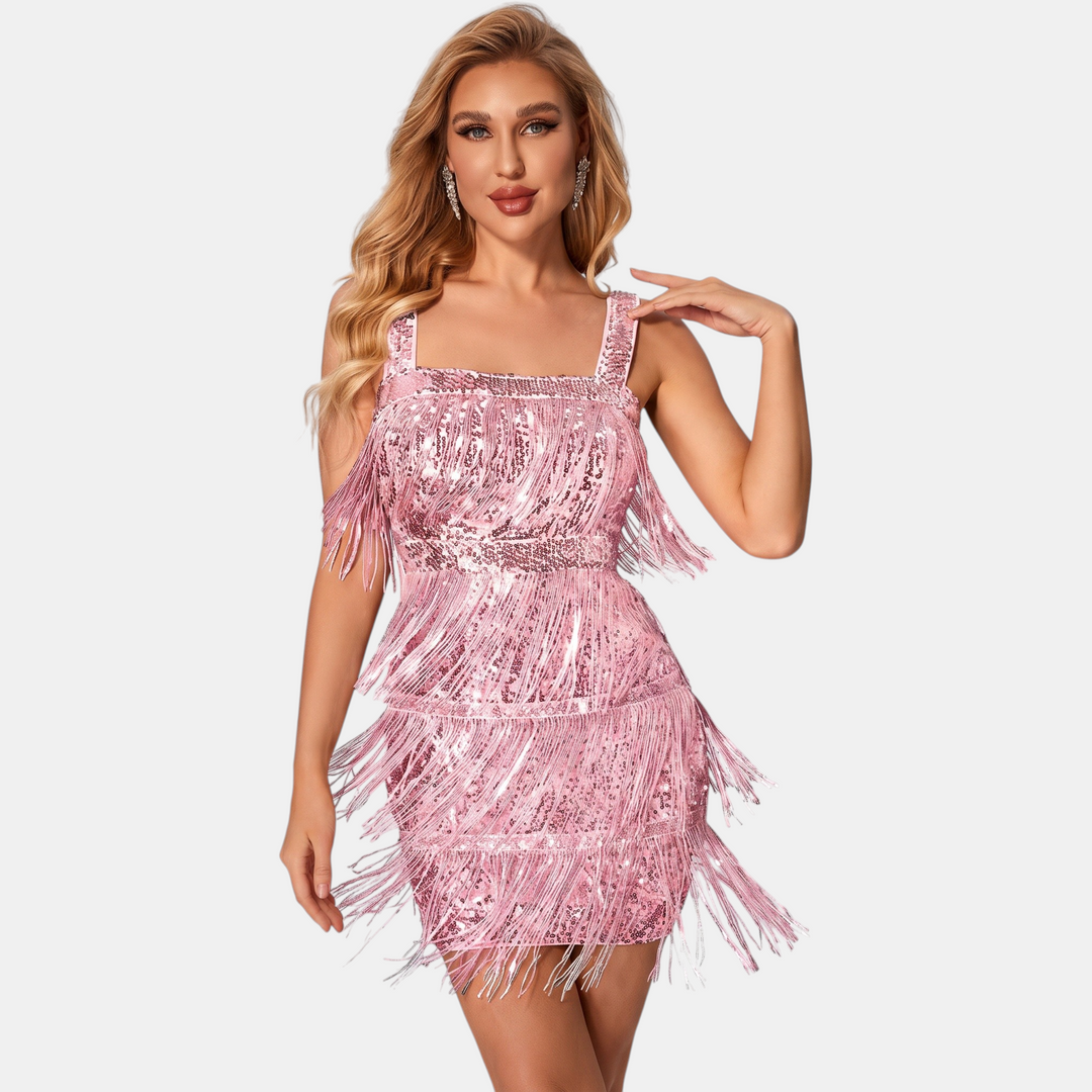 Women's Short Sequin Cocktail Dress, Tiered Fringe Spaghetti Strap Mini