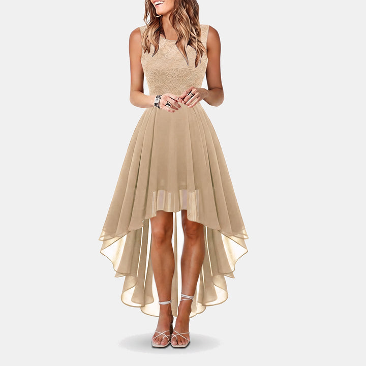 Women's A Line Mini Cocktail Dress, Lace Bodice Hi Low Chiffon