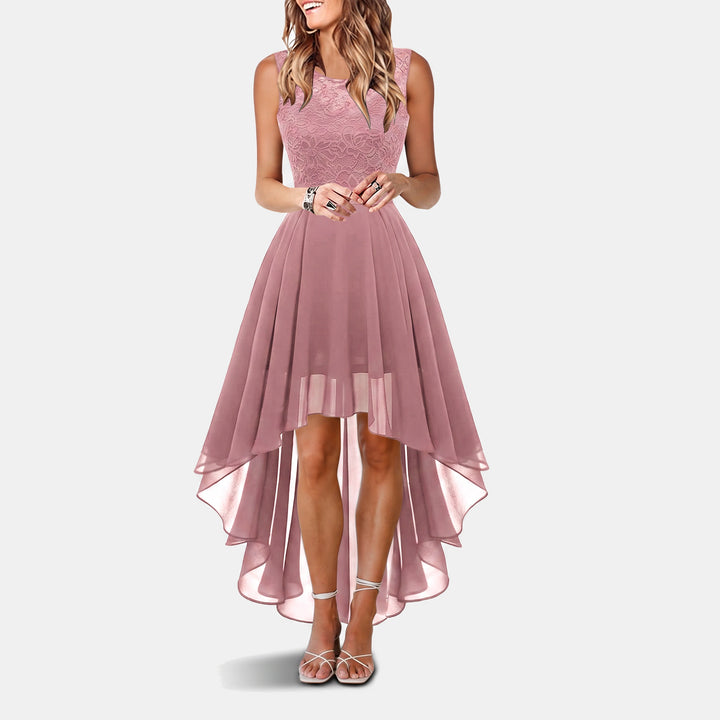 Women's A Line Mini Cocktail Dress, Lace Bodice Hi Low Chiffon
