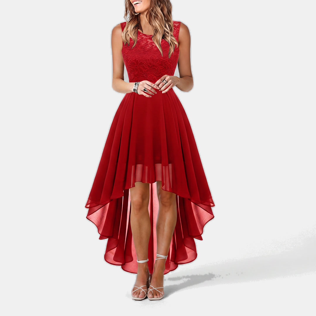 Women's A Line Mini Cocktail Dress, Lace Bodice Hi Low Chiffon