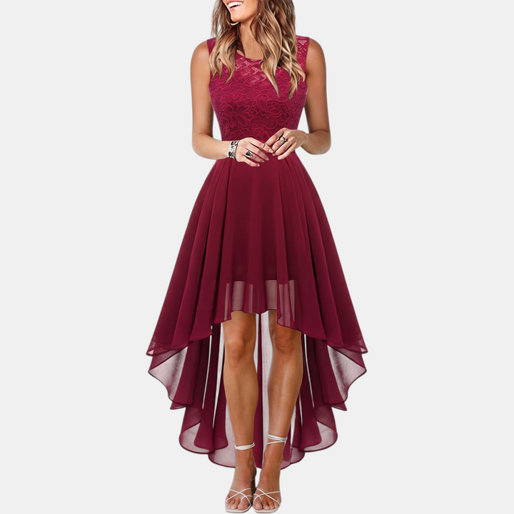 Women's A Line Mini Cocktail Dress, Lace Bodice Hi Low Chiffon