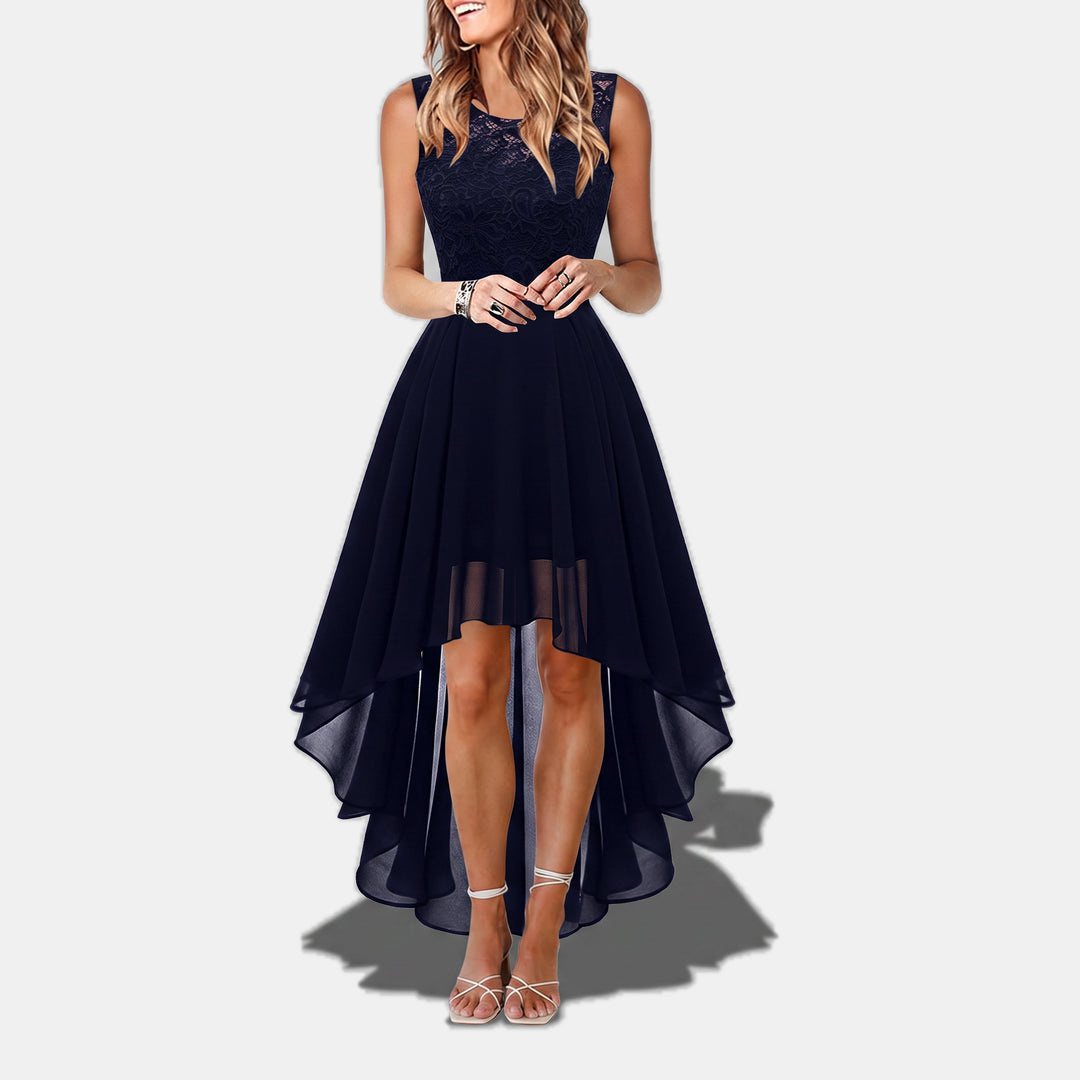 Women's A Line Mini Cocktail Dress, Lace Bodice Hi Low Chiffon