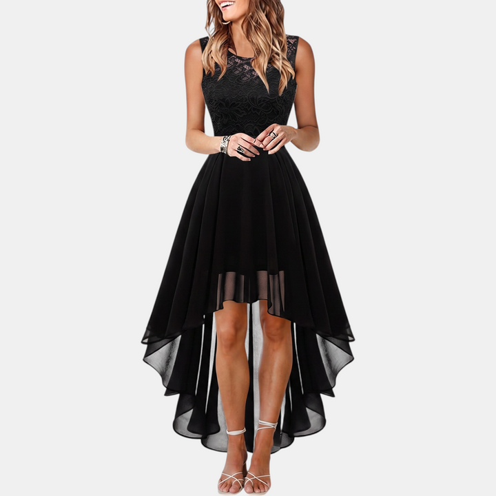 Women's A Line Mini Cocktail Dress, Lace Bodice Hi Low Chiffon