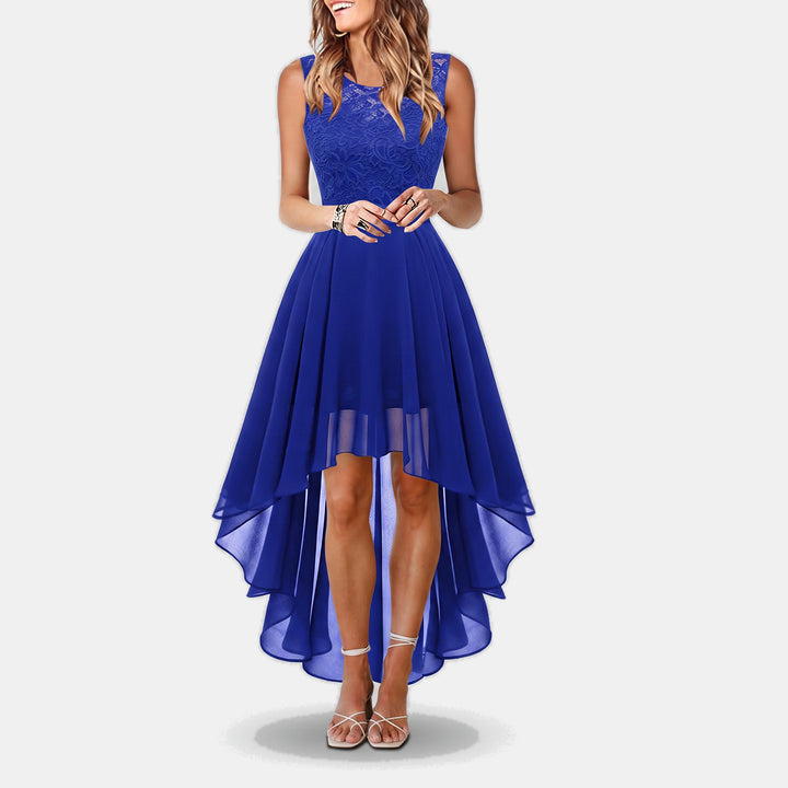 Women's A Line Mini Cocktail Dress, Lace Bodice Hi Low Chiffon