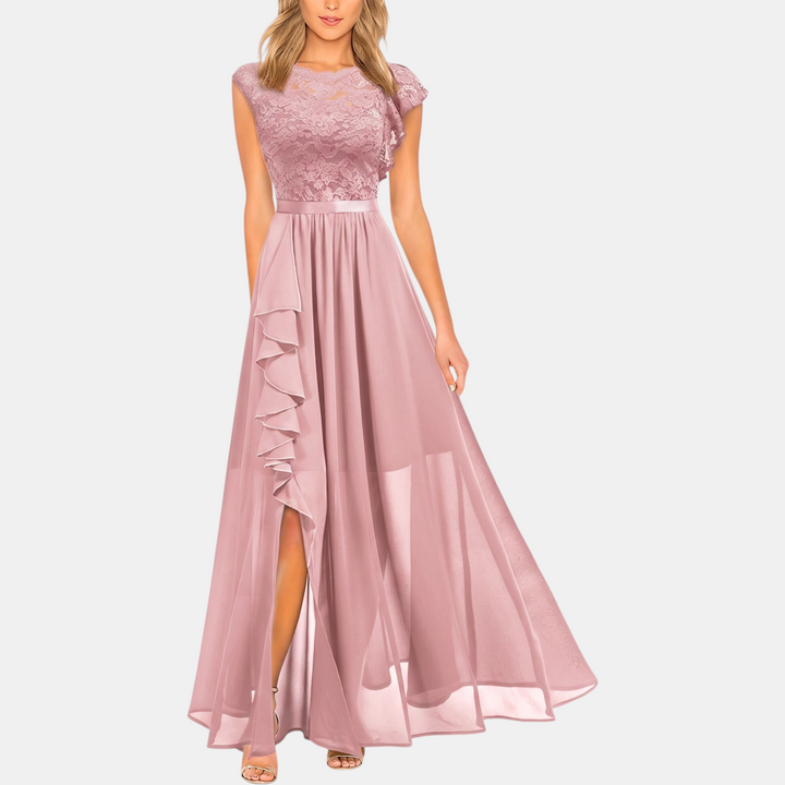 Women's Floral Lace A Line Cocktail Dress, Cap Sleeve Chiffon Maxi