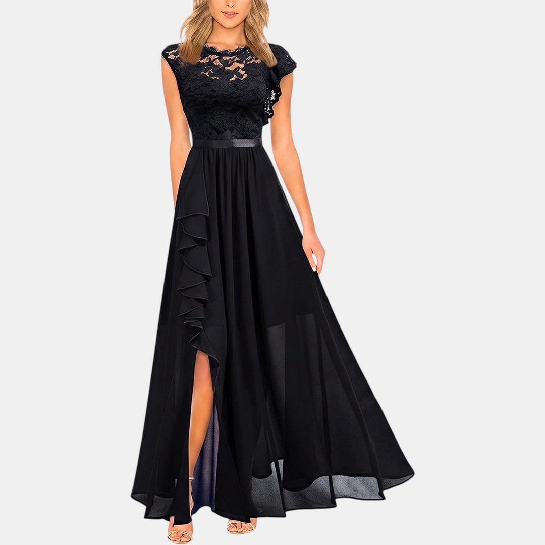 Women's Floral Lace A Line Cocktail Dress, Cap Sleeve Chiffon Maxi