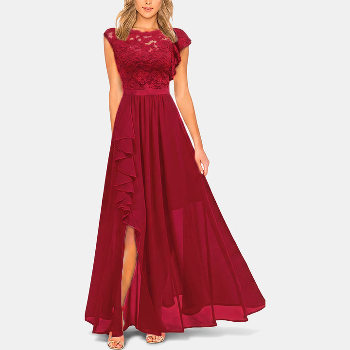 Women's Floral Lace A Line Cocktail Dress, Cap Sleeve Chiffon Maxi
