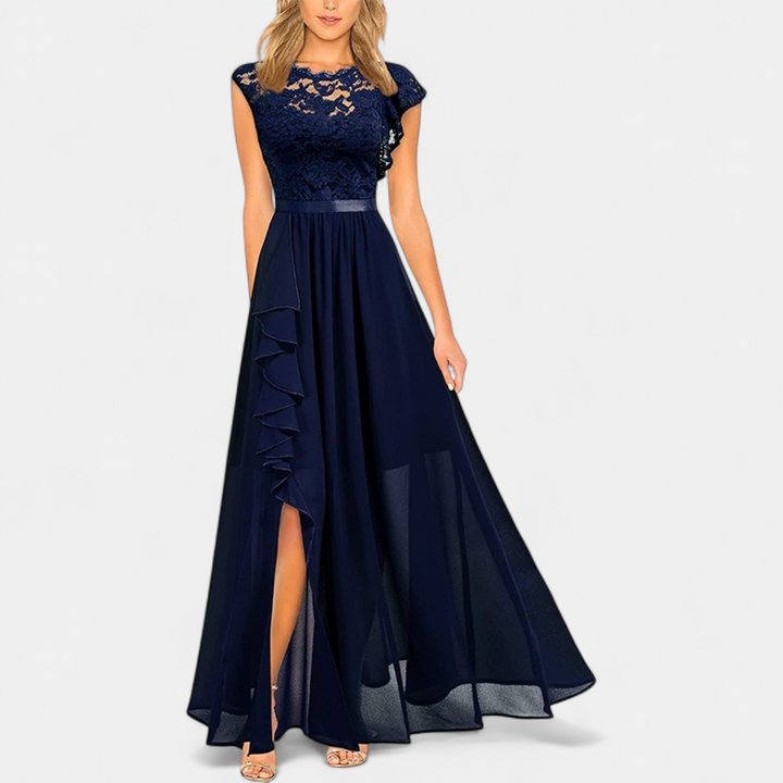Women's Floral Lace A Line Cocktail Dress, Cap Sleeve Chiffon Maxi