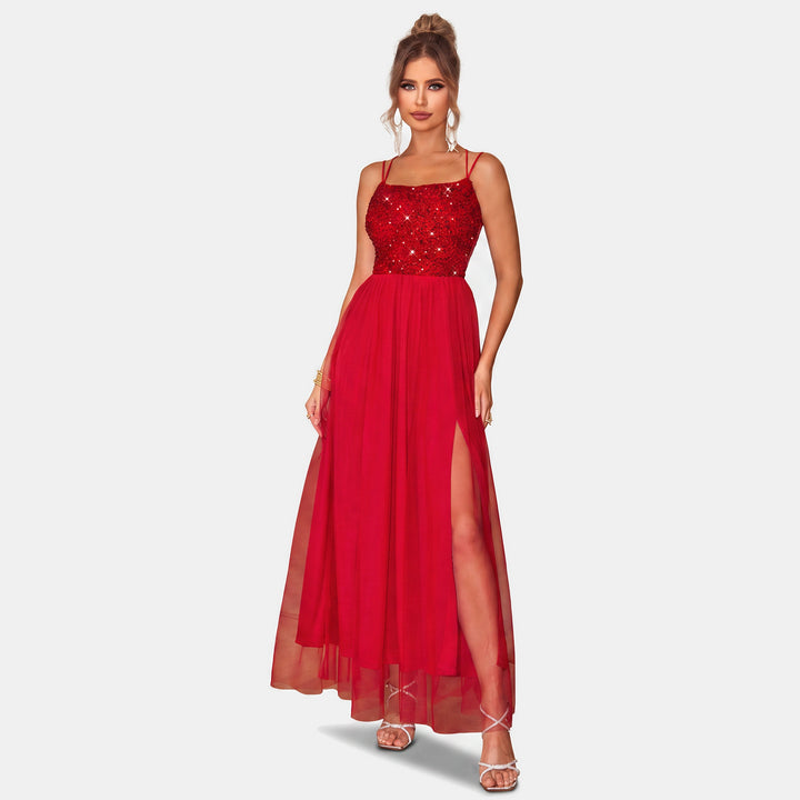 Women's Sequin A Line Cocktail Dress, Tulle Skirt with Front Slit