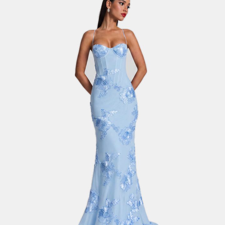 Women's Floral Corset Mermaid Cocktail Dress, 3D Appliqué Spaghetti Strap
