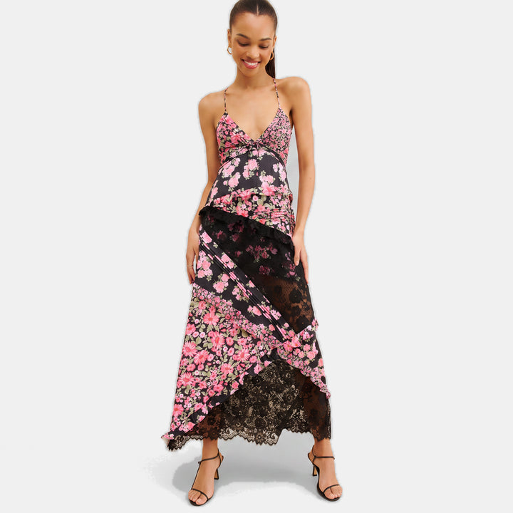 Women's Floral Long Cocktail Dress, Tiered Ruffle Lace Trim Deep V