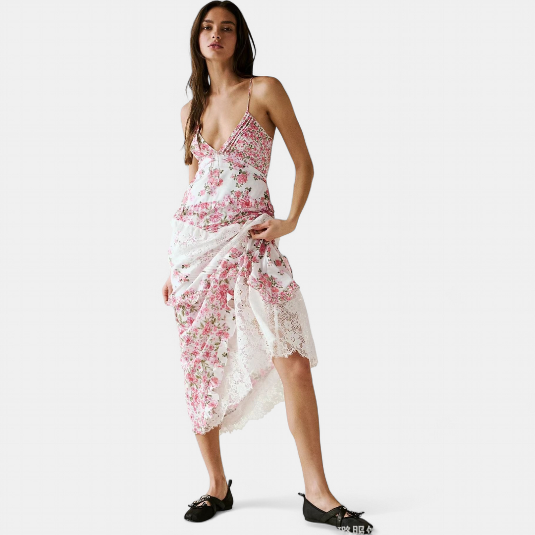 Women's Floral Long Cocktail Dress, Tiered Ruffle Lace Trim Deep V