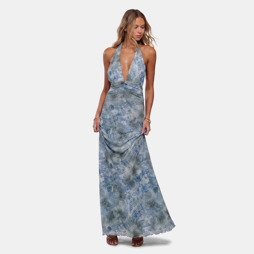 Women's Floral Backless Halter Neck Cocktail Dress, Ruched Waist Side Slit