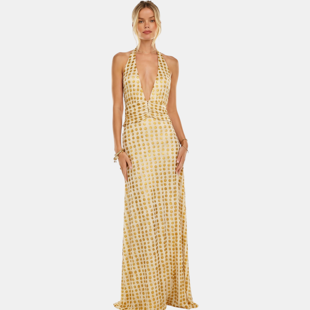 Women's Floral Backless Halter Neck Cocktail Dress, Ruched Waist Side Slit