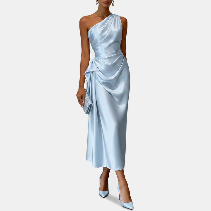 Women's One Shoulder Satin Cocktail Dress, Ruched Fitted Midi