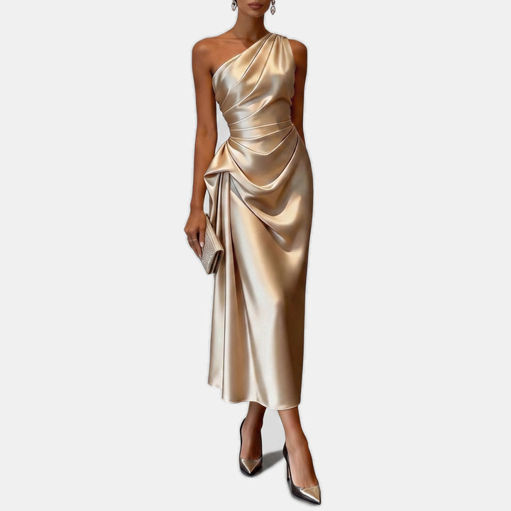 Women's One Shoulder Satin Cocktail Dress, Ruched Fitted Midi