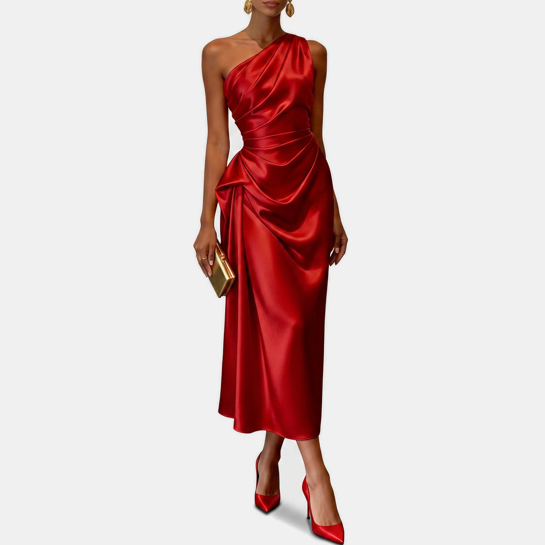 Women's One Shoulder Satin Cocktail Dress, Ruched Fitted Midi