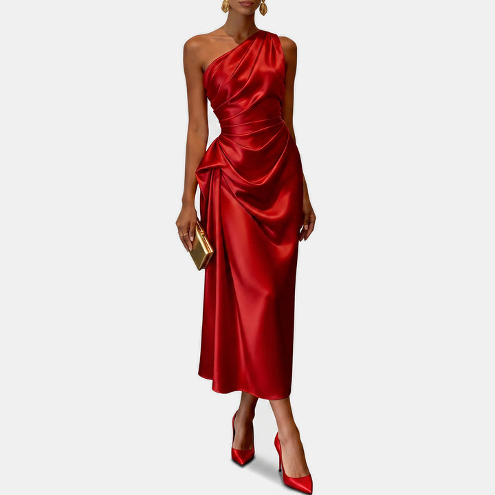 Women's One Shoulder Satin Cocktail Dress, Ruched Fitted Midi