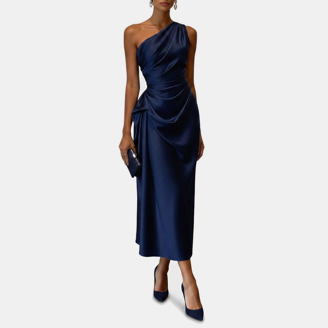 Women's One Shoulder Satin Cocktail Dress, Ruched Fitted Midi