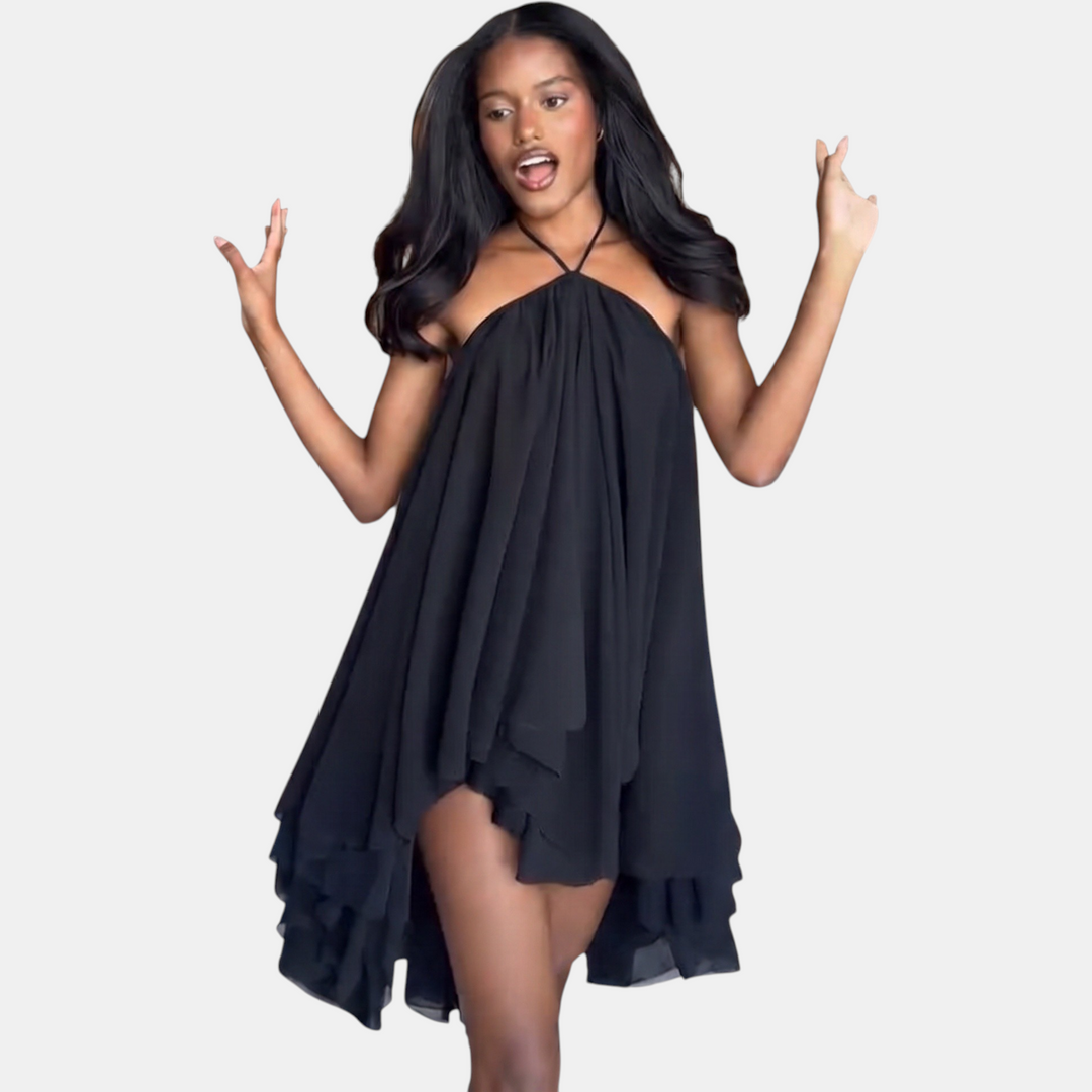 Women's Open Back Halter Mini Cocktail Dress, Tiered Ruffle Chiffon