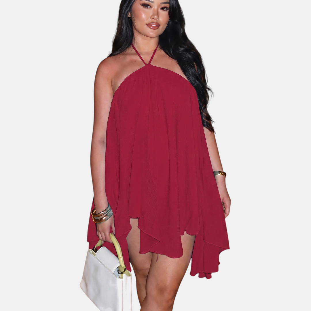 Women's Open Back Halter Mini Cocktail Dress, Tiered Ruffle Chiffon