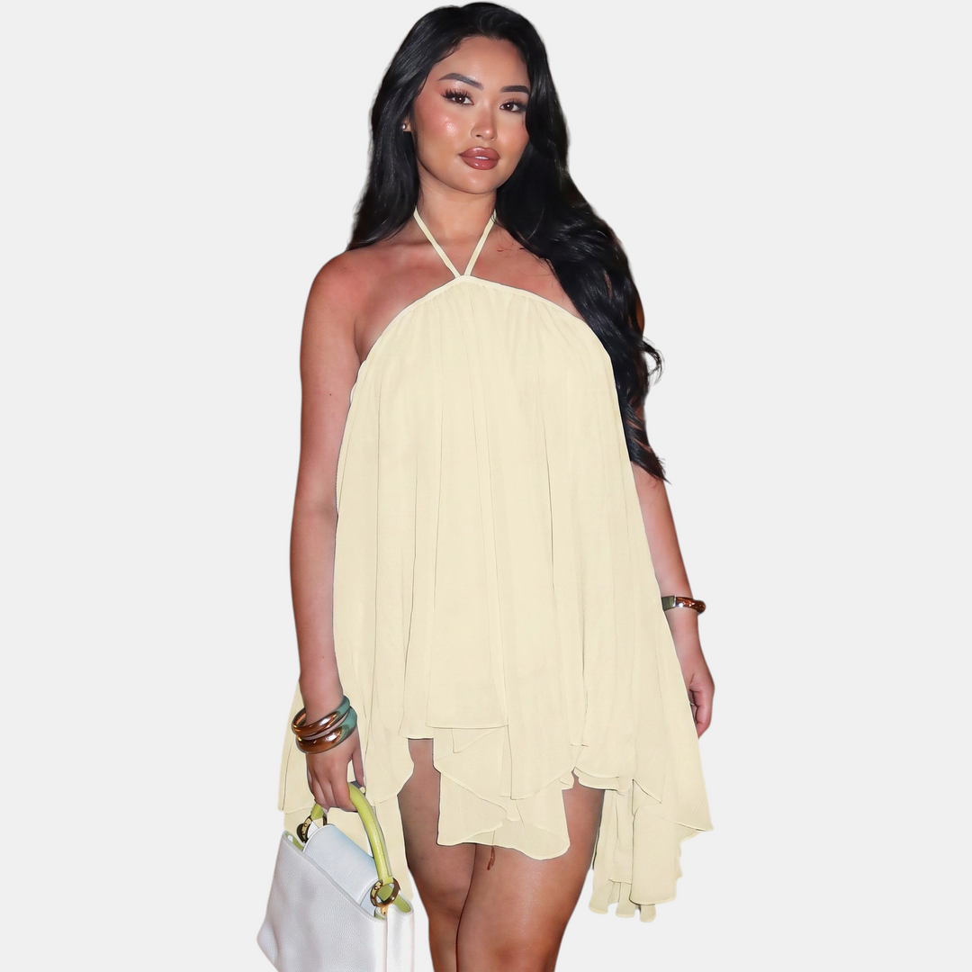 Women's Open Back Halter Mini Cocktail Dress, Tiered Ruffle Chiffon