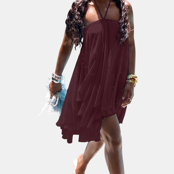 Women's Open Back Halter Mini Cocktail Dress, Tiered Ruffle Chiffon