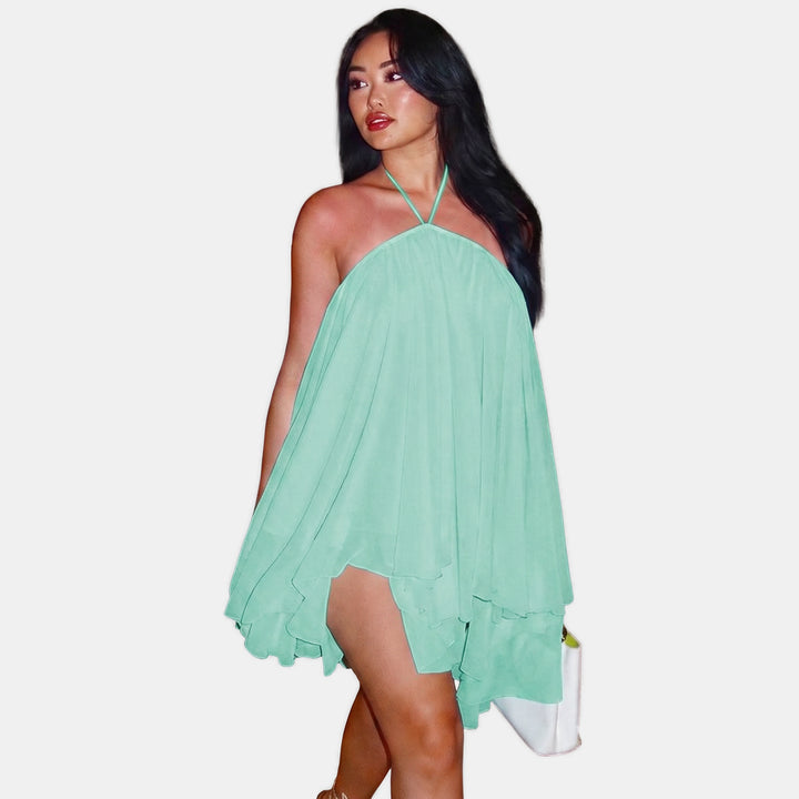 Women's Open Back Halter Mini Cocktail Dress, Tiered Ruffle Chiffon