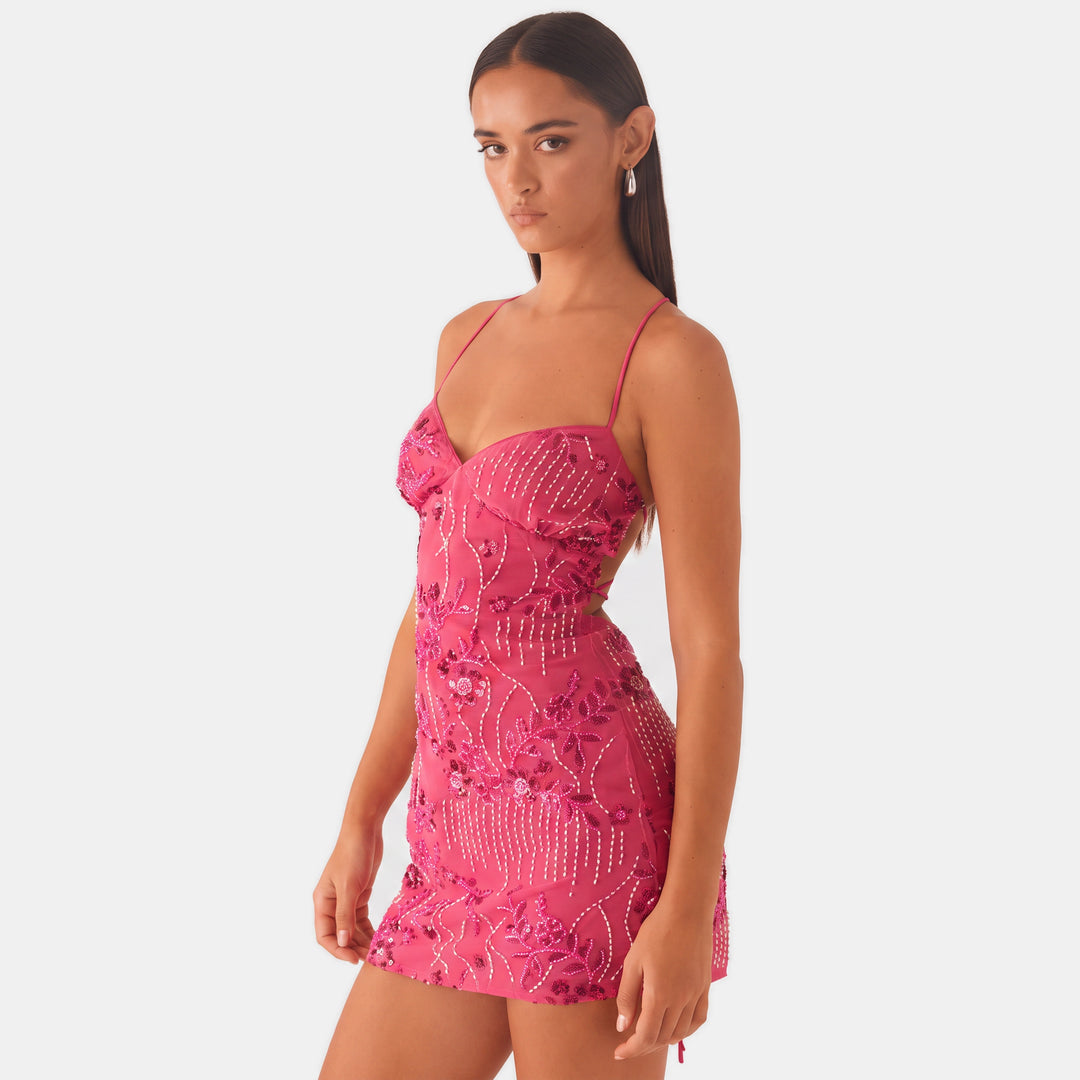 Women's Open Back Sequin Floral Mini Cocktail Dress, Beaded Spaghetti Strap