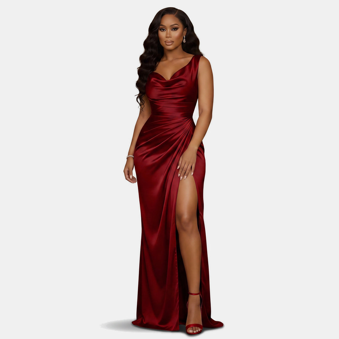 Women's Mermaid Satin Cocktail Dress, Cowl Neck High Slit