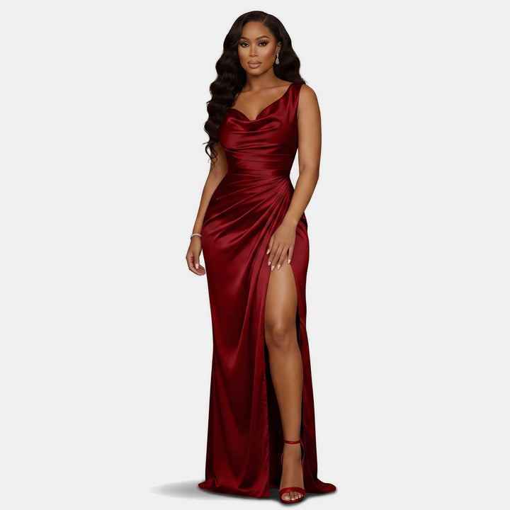 Women's Mermaid Satin Cocktail Dress, Cowl Neck High Slit