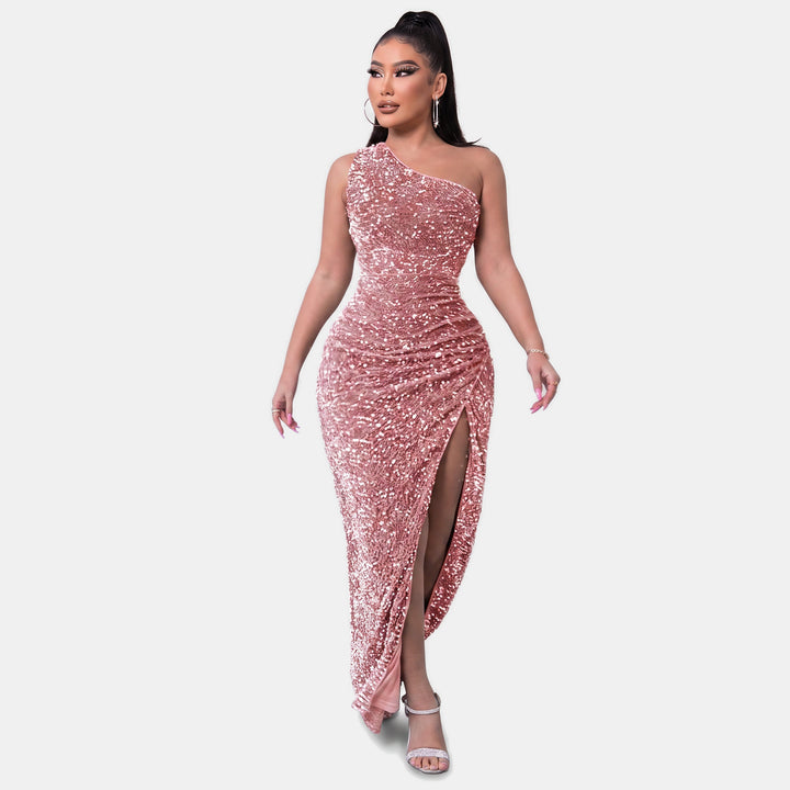 Women's One Shoulder Sequin Cocktail Dress, High Slit Bodycon Maxi