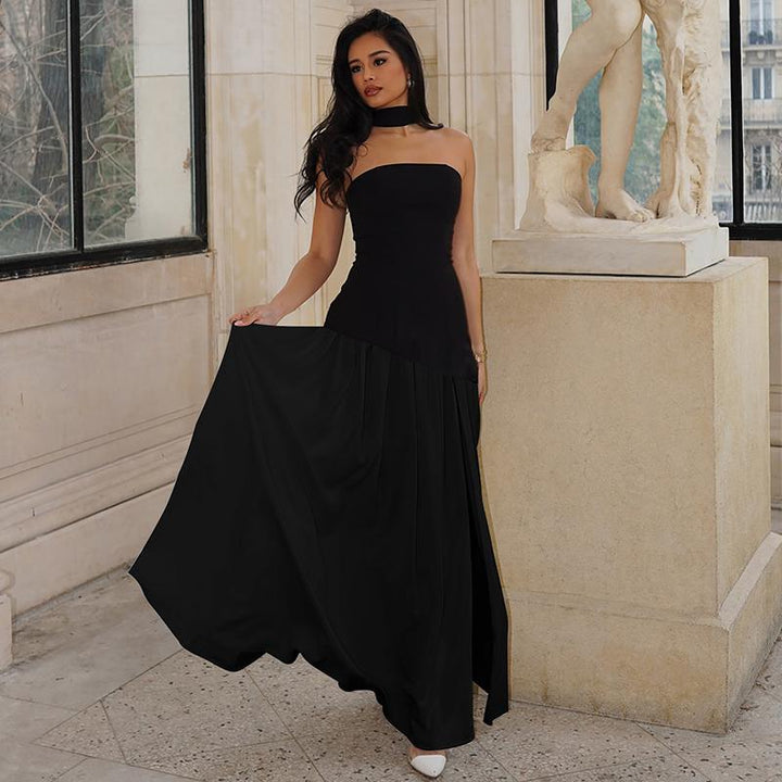 Women's Strapless Maxi Dress, Fitted Pleated High Slit