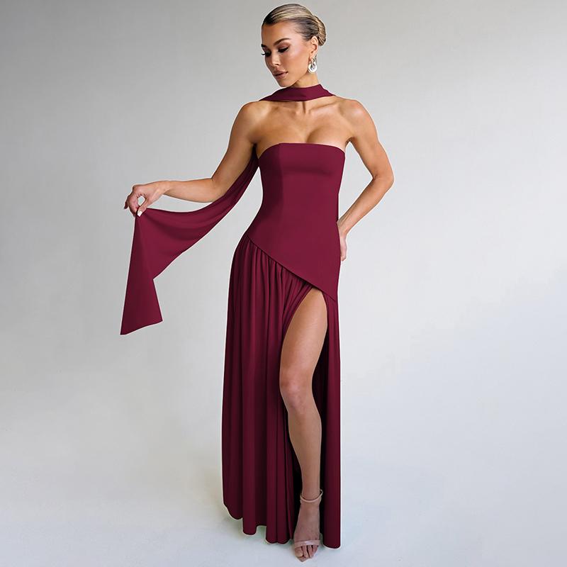 Women's Strapless Maxi Dress, Fitted Pleated High Slit