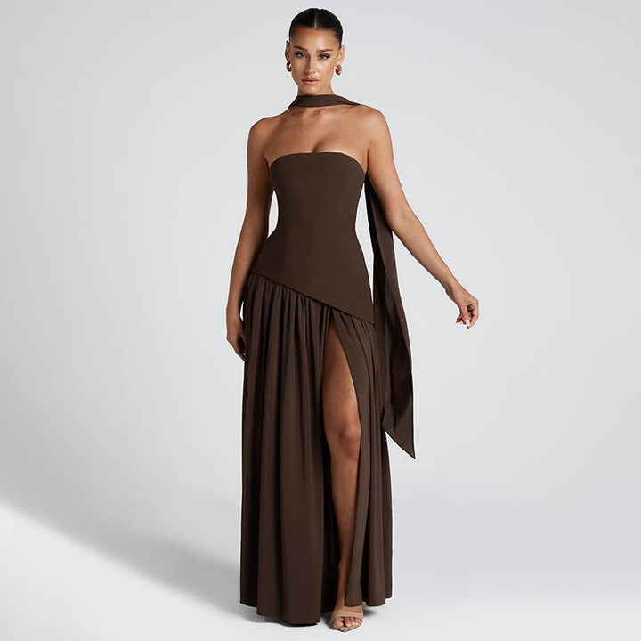 Women's Strapless Maxi Dress, Fitted Pleated High Slit
