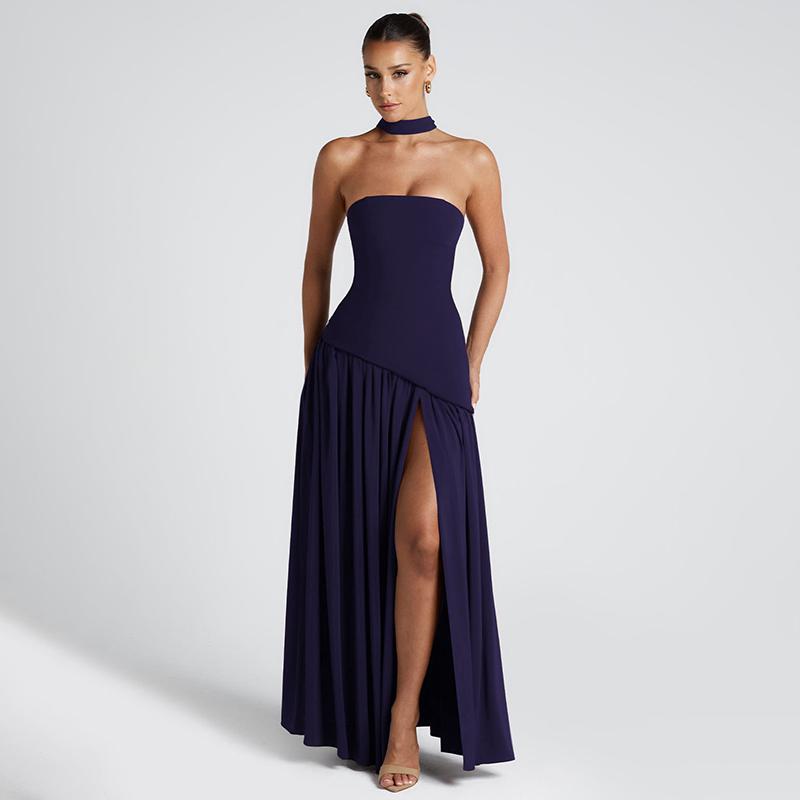 Women's Strapless Maxi Dress, Fitted Pleated High Slit