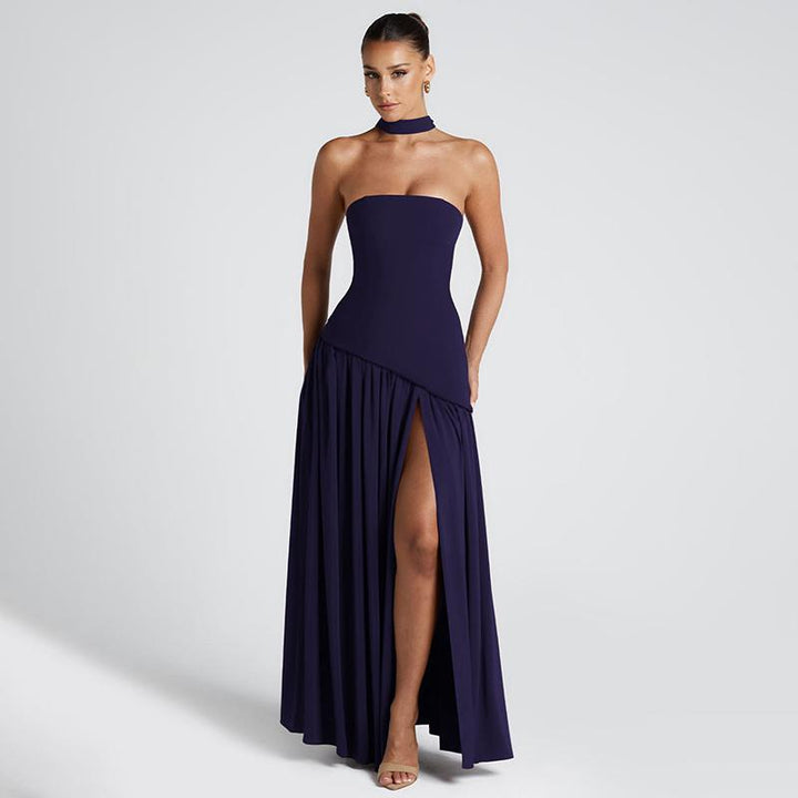 Women's Strapless Maxi Dress, Fitted Pleated High Slit
