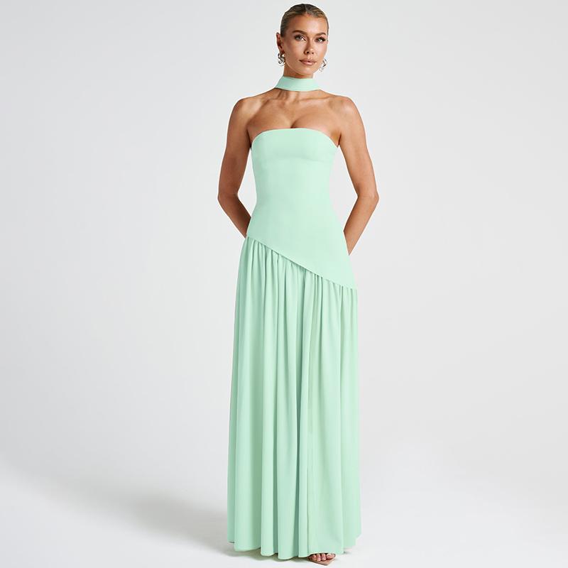 Women's Strapless Maxi Dress, Fitted Pleated High Slit