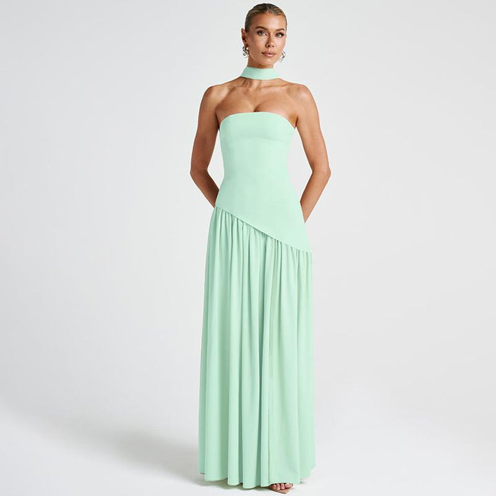Women's Strapless Maxi Dress, Fitted Pleated High Slit