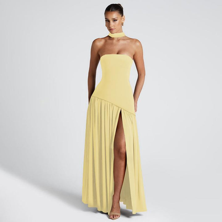 Women's Strapless Maxi Dress, Fitted Pleated High Slit
