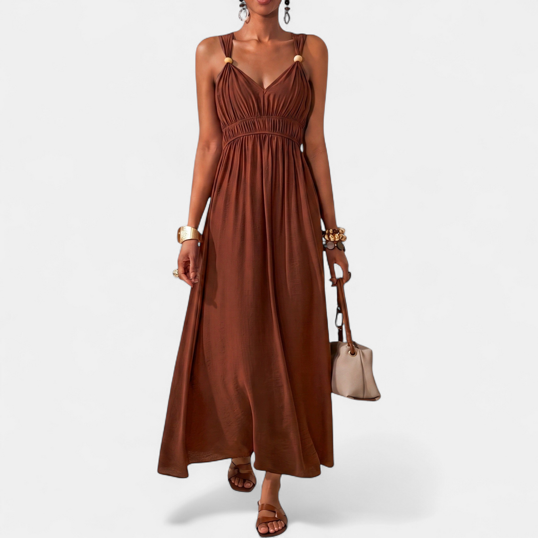 Women's Bead V Neck Maxi Dress, Sleeveless Ruched Wide Strap