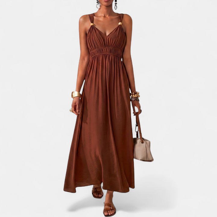 Women's Bead V Neck Maxi Dress, Sleeveless Ruched Wide Strap