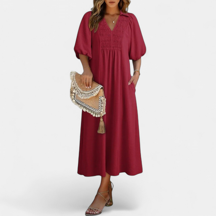 Women's Puff Sleeve V Neck Midi Dress, Collar Side Pocket